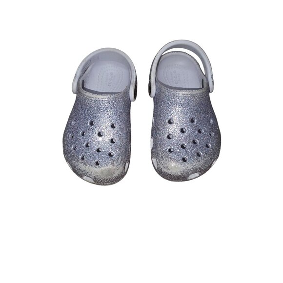 Crocs Silver Glitter C7 Kids Classic Clogs Adjustable Heel Strap - Picture 1 of 5